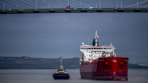 A tug boat escorting the STI Comandante tanker after it made a delivery of Russian diesel to Purfleet fuel terminal in Purfleet, U.K., on Tuesday, April 5, 2022. The U.K. announced in March that it will phase out imports of diesel from Russia over the year as a response to the country’s invasion of Ukraine.