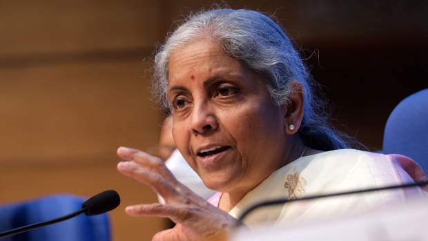 Nirmala Sitharaman, India's Finance minister, speaks during a news conference in New Delhi, India, on Tuesday, Feb. 1, 2022. The Reserve Bank of India will launch its digital currency in the year starting April 1, Finance Minister Nirmala Sitharaman said in her budget speech on Tuesday.