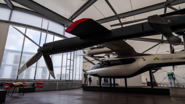 A model of a Supernal Electric Air Vehicle (eVtol) on display inside the Air-One vertiport, developed by Urban-Air Port, for the vertical take-off and landing of flying taxis and autonomous delivery drones, in Coventry, U.K.