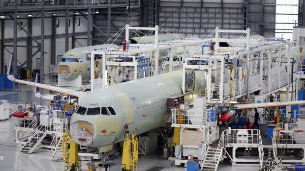 Airbus SE A321 plane fuselages sit on the production floor at the company's final assembly line facility in Mobile, Alabama, U.S., on Wednesday, July 19, 2017. The U.S. Census Bureau is scheduled to release durable goods figures on August 3.