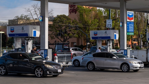 Vehicles at a Chevron gas station in San Francisco, California, U.S., on Tuesday, March 29, 2022. California Governor Gavin Newsom's proposal to give $400 to every car owner to offset record-high gasoline prices has prompted criticism that it undercuts the states aggressive climate goals. Photographer: David Paul Morris/Bloomberg