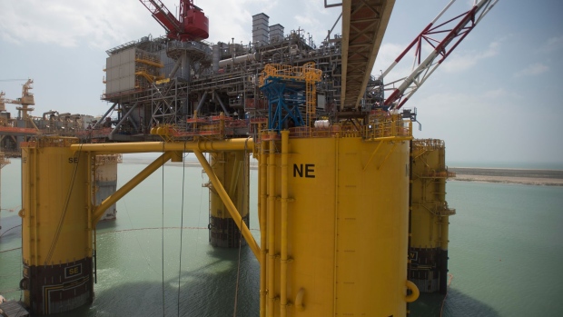 Workers on the Shell Vito offshore oil platform docked at Kiewit Offshore Services while under construction in Ingleside, Texas, on April 6, 2022 