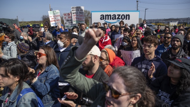 Demonstrators during an Amazon Labor Union rally in the Staten Island borough of New York, on April 24. Photographer: Victor J. Blue/Bloomberg