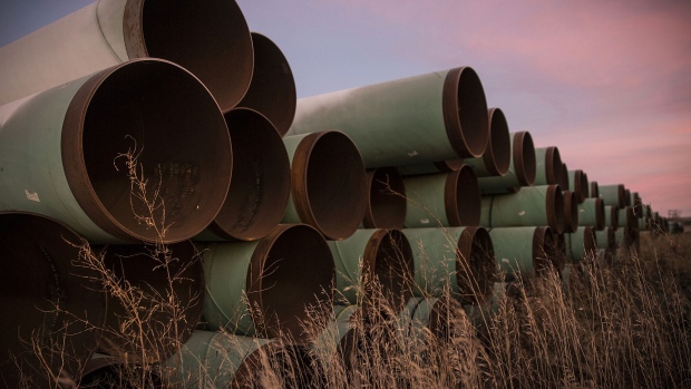 GASCOYNE, ND - OCTOBER 14: Miles of unused pipe, prepared for the proposed Keystone XL pipeline, sit in a lot on October 14, 2014 outside Gascoyne, North Dakota. (Photo by Andrew Burton/Getty Images) Photographer: Andrew Burton/Getty Images North America