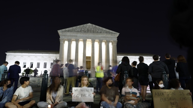 Demonstrators outside the U.S. Supreme Court in Washington, D.C., U.S., early on Tuesday, May 3, 2022. Abortion rights suddenly emerged as an issue that could reshape the battle between Democrats and Republicans for control of Congress, following a report that conservatives on the U.S. Supreme Court were poised to strike down the half-century-old Roe v. Wade precedent.