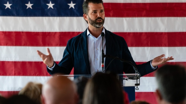 Donald Trump Jr., executive vice president of development and acquisitions for Trump Organization Inc., speaks during a campaign event with David Perdue, Republican gubernatorial candidate for Georgia, in Cumming, Georgia, U.S., on Monday, March 7, 2022. Perdue, who lost his U.S. Senate re-election bid in 2020, entered the gubernatorial primary in December, saying that Governor Kemp couldn't win votes from Trump supporters.