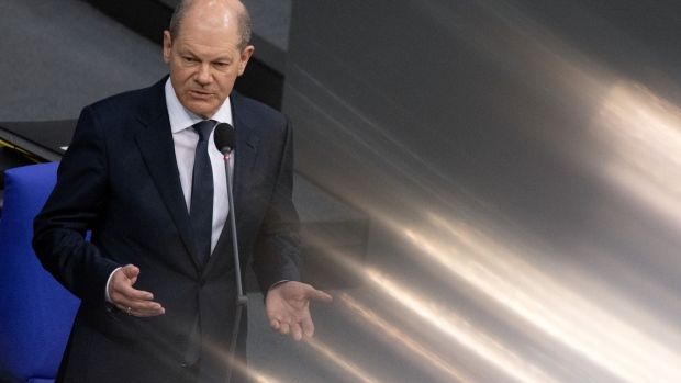 Olaf Scholz, Germany's chancellor, speaks at the Bundestag in Berlin, Germany, on Wednesday, April 6, 2022. Scholz reiterated his opposition to reversing Germany’s exit from nuclear power to help cut reliance on Russian energy, saying the technical challenges would be too great.