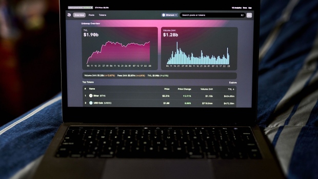 The Uniswap website on a laptop computer arranged in New Hyde Park, New York, U.S., on Thursday, July 29, 2021. Lending on cryptocurrency platforms rose 7.6% from last week to $29.40 billion, according to data compiled by DeFi Pulse. Photographer: Gabby Jones/Bloomberg