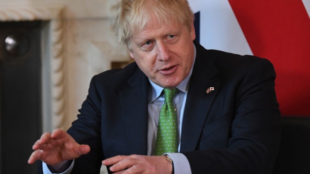 Boris Johnson, U.K. prime minister, during a bilateral meeting with Fumio Kishida, Japan's prime minister, inside number 10 downing Street in London, U.K., on Thursday, May 5, 2022. Johnson and Kishida are expected to discuss a plan to support Asian nations in diversifying away from Russian oil and gas.