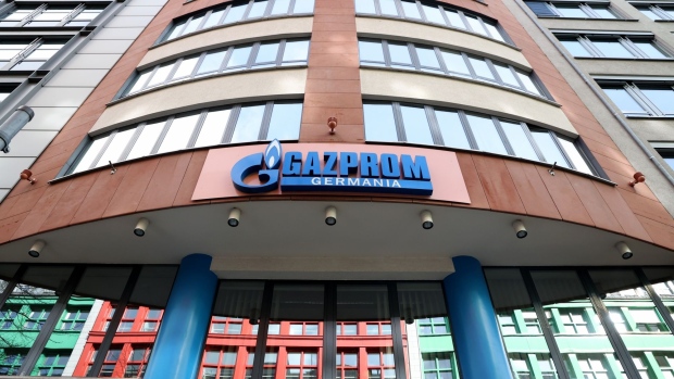 Signage for Gazprom Germania Gmbh at the building that houses the company's corporate headquarters in Berlin, Germany, on Tuesday, April 5, 2022. Germany will temporarily take control of the unit of Gazprom PJSC in the country as it seeks to safeguard security of gas supply.