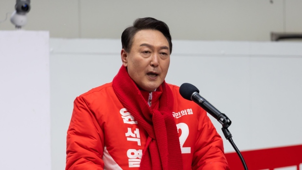 Yoon Suk-yeol, presidential candidate from the main opposition People Power Party, speaks during a campaign rally in Seoul, South Korea, on Tuesday, Feb. 15, 2022. Gallup’s latest poll in February suggests Yoon and the ruling party’s Lee Jae-myung are favorites for the race, with Yoon getting 37% support and Lee gaining 36%, while Ahn Cheol-soo of the People Party received the back of 13% of those surveyed.