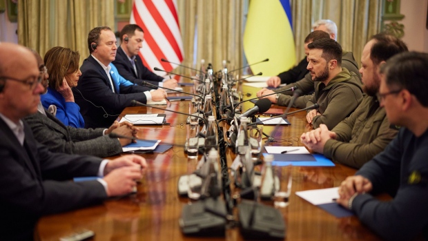 Volodymyr Zelensky meets U.S. Speaker of the House Nancy Pelosi during a visit by a U.S. congressional delegation on April 30, 2022 in Kyiv, Ukraine.