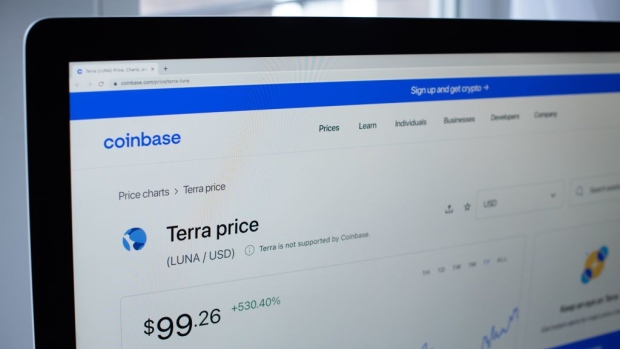 Terra's Luna token value on the Coinbase website on a computer arranged in Hastings-on-Hudson, New York, U.S., on Friday, April 8, 2022. A nearly 20% interest rate is unheard of in most of traditional finance. But that's exactly what Anchor Protocol is promising people willing to deposit the crypto stablecoin UST into its decentralized finance app.