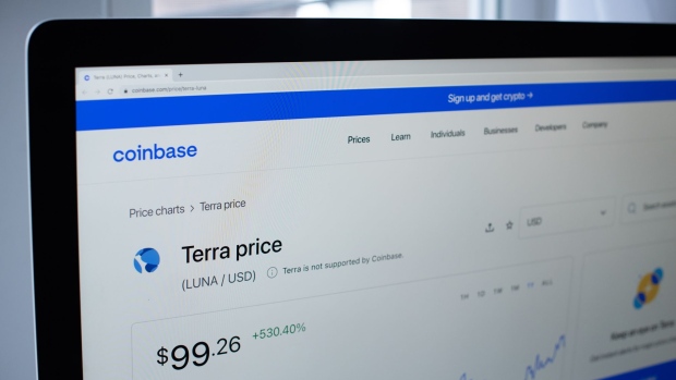 Terra's Luna token value on the Coinbase website on a computer arranged in Hastings-on-Hudson, New York, U.S., on Friday, April 8, 2022. A nearly 20% interest rate is unheard of in most of traditional finance. But that's exactly what Anchor Protocol is promising people willing to deposit the crypto stablecoin UST into its decentralized finance app. Photographer: Tiffany Hagler-Geard/Bloomberg