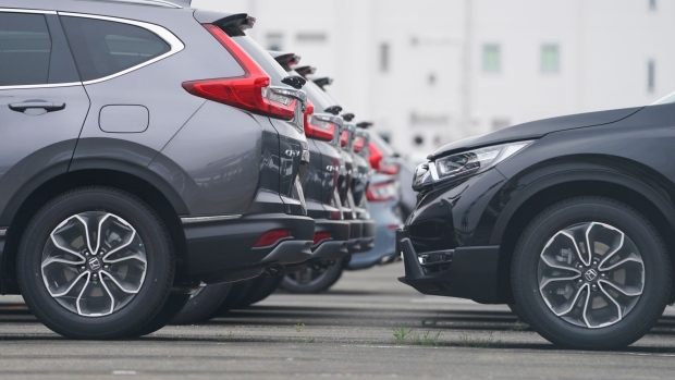 Honda Motor Co. CR-V sports utility vehicles (SUV) bound for shipment at a port in Yokohama, Japan, on Monday, May 9, 2022. Honda is scheduled to release earnings figures on May 13.