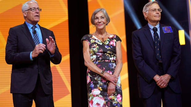 FAYETTEVILLE, AR - JUNE 1: Members of the Walton family (L-R) Rob, Alice and Jim speak during the annual Walmart shareholders meeting event on June 1, 2018 in Fayetteville, Arkansas. The shareholders week brings thousands of shareholders and associates from around the world to meet at the company's global headquarters. (Photo by Rick T. Wilking/Getty Images)