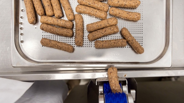 Plant-based sausages at Symplicity Foods factory in Harlesden, West London, on April 29. Photographer: Chris Ratcliffe/Bloomberg