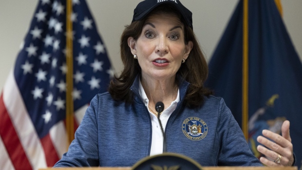 Kathy Hochul, governor of New York, speaks during a news conference following a visit to a temporary warming center in Kingston, New York, U.S., on Monday, Feb. 7, 2022. Hochul surveyed storm damage, visited a local warming center and provided an update to the residents of Ulster County, many of whom were without power throughout the weekend as a result of a winter storm late last week that brought nearly three-quarters of an inch of flat ice to the area.