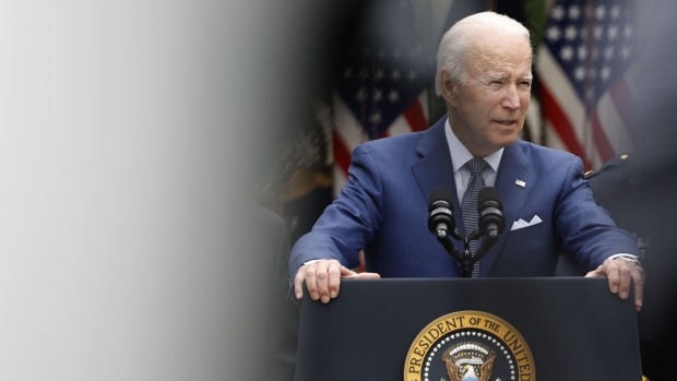 US President Joe Biden speaks during an event in the Rose Garden of the White House in Washington, D.C., US, on Friday, May 13, 2022. Biden this afternoon met with local elected officials and chiefs of police from cities that have benefited from using American Rescue Plan funding to increase spending on community policing and public safety programs, according to the White House.