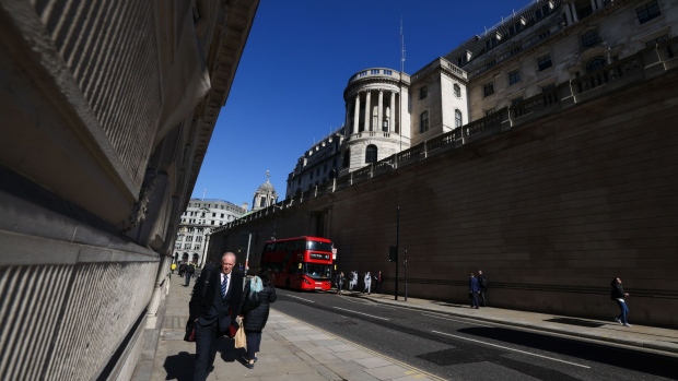The Bank of England (BOE) in the City of London, U.K., on Thursday, March 17, 2022. The Bank of England, the first among major central banks to tighten monetary policy after the pandemic, looks all but certain to reach another milestone on Thursday by taking interest rates back to their pre-Covid level.