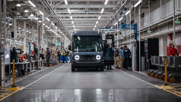 An Amazon Rivian electric delivery van at the company's manufacturing facility in Normal, Illinois, US., on Monday, April 11, 2022. Rivian Automotive Inc. produced 2,553 vehicles in the first quarter as the maker of plug-in trucks contended with a snarled supply chain and pandemic challenges.