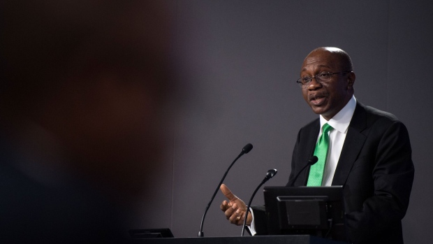 Godwin Emefiele, governor of Nigeria's central bank, speaks during the Nigeria Capital Markets and Banking Forum in London, U.K., on Friday, Oct. 27, 2017. The Nigerian government is looking to plug a 2017 budget deficit that it forecast at 2.3 trillion naira, or 2.2 percent of GDP following a revenue shortfall caused by the decline of output and price of oil, its main export.