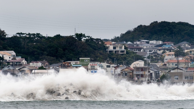 Waves break on the shore ahead of Typhoon Hagibis in Fujisawa, Kanagawa Prefecture, Japan, on Friday, Oct. 11, 2019. Typhoon Hagibis, which is expected to bring heavy rain and violent winds, has forced factory and shops to close, with shoppers clearing out shelves at some stores as they scrambled for bottled water and instant noodles.