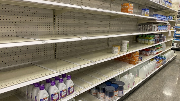 Empty shelves in the baby formula aisle of a store in Albany, California, US, on Tuesday, May 17, 2022. President Joe Biden said he expects increased imports of baby formula to relieve a US shortage “in a matter of weeks or less,” as pressure mounts from parents and lawmakers to address the problem.