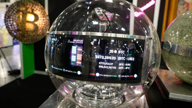 A high definition Cryptomarket Hologram, which can be connected to any crypto wallet showing assets value in real time, during the Bitcoin 2022 conference in Miami, Florida, U.S., on Friday, April 8, 2022. The Bitcoin 2022 four-day conference is touted by organizers as "the biggest Bitcoin event in the world."