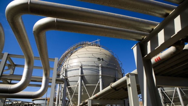 Storage sphere tanks for liquefied natural gas (LNG) sit near transfer pipes at Aqaba port, operated by Aqaba Development Corp., in Aqaba, Jordan, on Wednesday, April 11, 2018. Both the LNG and the liquefied petroleum gas (LPG) terminals were developed to secure the supply of gas resources after the disruption in Egyptian natural gas imports in 2010. Photographer: Annie Sakkab/Bloomberg