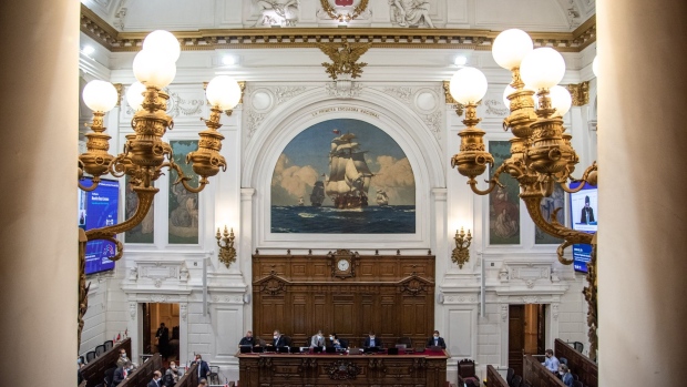 Lawmakers attend a meeting of the Constitutional Convention at the former Chilean National Congress in Santiago, Chile, on Monday, April 11, 2022. Thirty-eight percent of voters would reject the new constitution in the referendum, marking an increase of 7 percentage points, according to a Data Influye poll.