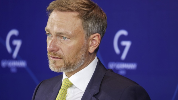 Christian Lindner, Germany's finance minister, during a news conference at the G-7 meeting of finance ministers and central bank governors in Bonn, Germany, on Friday, May 20, 2022. The Group of Seven unveiled a package worth more than $19 billion in short-term financial aid for Ukraine.