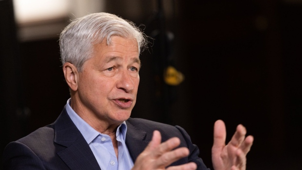 Jamie Dimon, chief executive officer of JPMorgan Chase & Co., during a Bloomberg Television interview in London, U.K., on Wednesday, May 4, 2022. Dimon said the Federal Reserve should have moved quicker to raise rates as inflation hits the world economy.