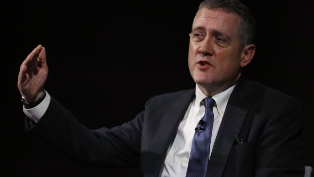 James Bullard, president and chief executive officer of the Federal Reserve Bank of St. Louis, gestures while speaking at the 2019 Monetary and Financial Policy Conference at Bloomberg's European headquarters in London, U.K., on Tuesday, Oct. 15, 2019. Bullard said U.S. policy makers are facing too-low rates of inflation and the risk of a greater-than-expected slowdown, suggesting he’d favor an additional interest rate cut as insurance.