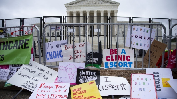 Posters outside of the Supreme Court building during a nationwide rally in support of abortion rights in Washington, D.C., on May 14. Photographer: Sarah Silbiger/Bloomberg