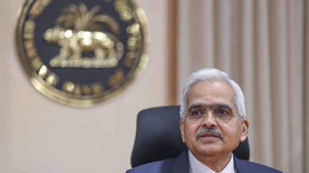 Shaktikanta Das, governor of the Reserve Bank of India (RBI), attends a news conference at the bank's headquarters in Mumbai, India, on Friday, April 8, 2022. India’s central bank signaled a shift in policy focus as it ramped up efforts to mop up excess liquidity in the banking system and raised its inflation forecasts, sending bond yields higher.