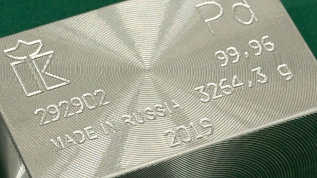 A "Made in Russia" engraving sits on a palladium ingot following manufacture at the JSC Krastsvetmet non-ferrous metals plant in Krasnoyarsk, Russia, on Tuesday, Nov. 5, 2019. Gold headed for the biggest weekly loss in more than two years as progress in U.S-China trade talks hammered demand for havens and sent miners’ shares tumbling.