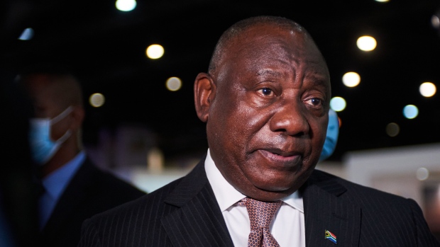 Cyril Ramaphosa, South Africa's president, speaks to journalists at the South Africa Investment Conference in Johannesburg, South Africa, on Thursday, March 24, 2022. The South African rand is up more than 7% this year, reversing losses seen at end-2021.