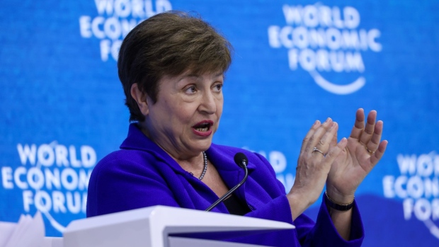 Kristalina Georgieva, managing director of the International Monetary Fund (IMF), speaks during a panel sessionon the opening day of the World Economic Forum (WEF) in Davos, Switzerland, on Monday, May 23, 2022. The annual Davos gathering of political leaders, top executives and celebrities runs from May 22 to 26.