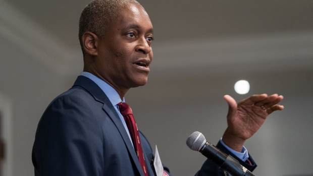 Raphael Bostic, president and chief executive officer of the Federal Reserve Bank of Atlanta, speaks to members of the Harvard Business School Club of Atlanta at the Buckhead Club in Atlanta, Georgia, U.S., on Wednesday, Feb. 19, 2020. Bostic said he's not seeing risk levels rising to a point that they would be a "source of concern."