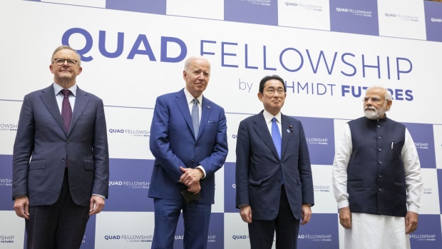 Anthony Albanese, left, President Joe Biden, Fumio Kishida, and Narendra Modi, right, attend the Quad leaders meeeting in Tokyo, on May 24.