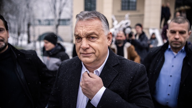 Viktor Orban, Hungary's prime minister, departs after voting at a polling station in Budapest, Hungary, on Sunday, April 3, 2022. Prime Minister Viktor Orbans party was tied with the opposition in a poll published a day before Hungarys election, raising the possibility that the race will be even tighter than previously predicted.