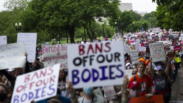Demonstrators walk to Capitol Hill during a nationwide rally in support of abortion rights in Washington, D.C. on May 14. Photographer: Sarah Silbiger/Bloomberg