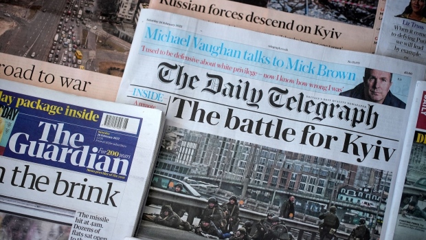 LONDON, ENGLAND - FEBRUARY 27: Photo illustration shows the front page of British newspaper The Daily Telegraph, with the headline The battle for Kyiv, on February 27, 2022 in London, England. Russia's large-scale invasion of Ukraine has killed scores of civilians and military personnel. (Photo by Edward Smith/Getty Images)