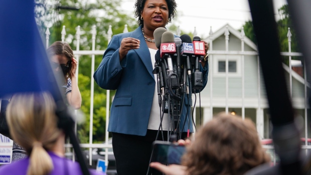 Stacey Abrams, Democratic gubernatorial candidate for Georgia, speaks during a news conference in Atlanta, Georgia, US, on Tuesday, May 24, 2022. The latest test of Donald Trump's sway over Republican voters will be on display Tuesday night in Georgia's crucial primary race.