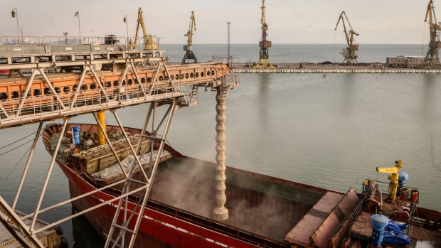 The Medusa S general cargo ship is loaded with grain, destined for Turkey, at the UkrTransAgro LLC grain terminal at the Port of Mariupol in Mariupol, Ukraine, Thursday, Jan. 13, 2022. Mariupol Mayor Vadym Boichenko said the city, just miles from the front lines in Ukraine, is turning into the country's"shop front window" to show how a reintegrated Donbas could be rebuilt.