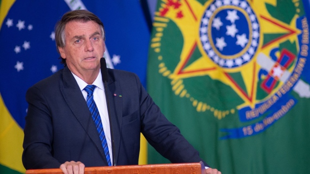 Jair Bolsonaro, Brazil's president, speaks during a press conference at Planalto Palace in Brasilia, Brazil, on Wednesday, May 25, 2022. Bolsonaro’s decision to fire a third chief executive officer at Petrobras shows just how crucial it is for the Brazilian president to avoid another increase in fuel prices that could all but kill his re-election chances in October.