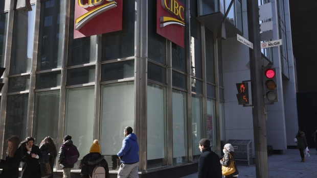 A Canadian Imperial Bank of Commerce (CIBC) branch in downtown Montreal, Quebec, Canada, on Thursday, April 28, 2022. Five Canadian banks had their price targets cut an average of 6% at RBC Capital Markets on prospects that escalating macro risks could weigh on profits. Photographer: Christinne Muschi/Bloomberg