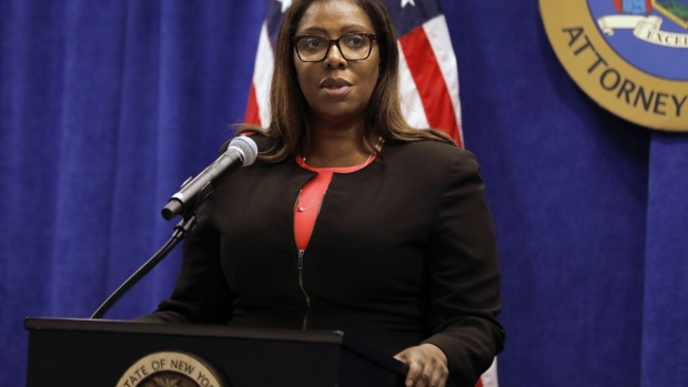 Letitia James, New York's attorney general, speaks during a news conference in New York, U.S., Thursday, Aug. 6, 2020. New York is seeking to dissolve the National Rifle Association as the state attorney general accused the gun rights group and its current and former senior officials of engaging in a massive fraud against donors.