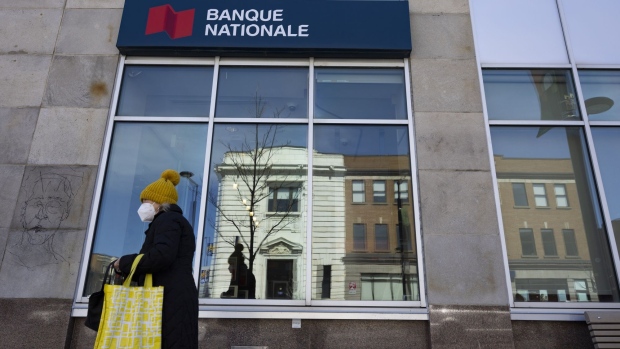 A National Bank of Canada branch in Montreal, Quebec, Canada, on Thursday, April 28, 2022. Five Canadian banks had their price targets cut an average of 6% at RBC Capital Markets on prospects that escalating macro risks could weigh on profits.